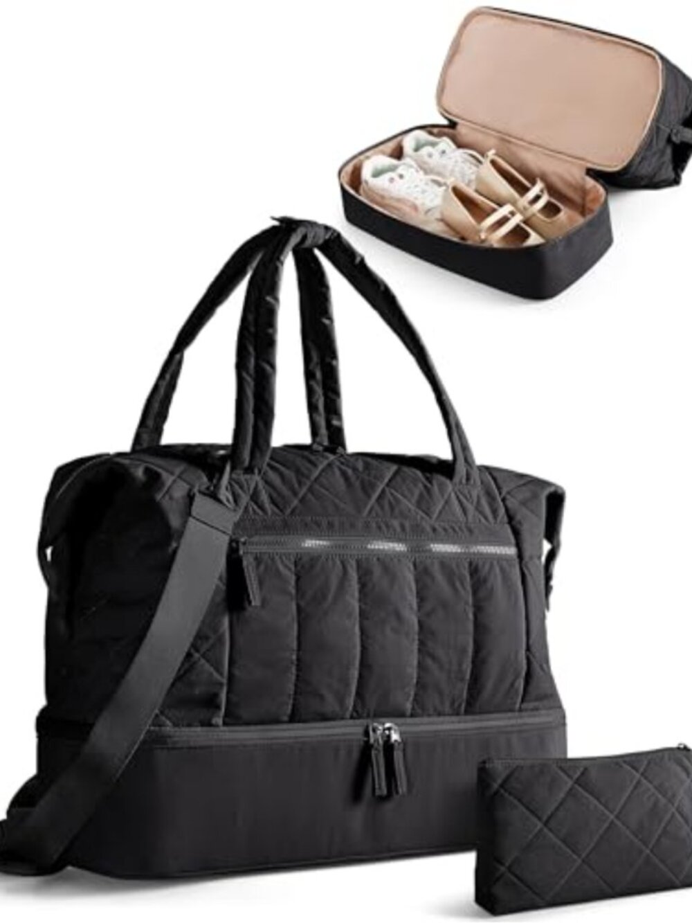 Quilted Travel Duffel Bag Weekender - Lightweight Taslan, Shoe Compartment,